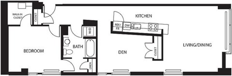 Floor plan for 1 bed, 1 bath, 1020 sqft