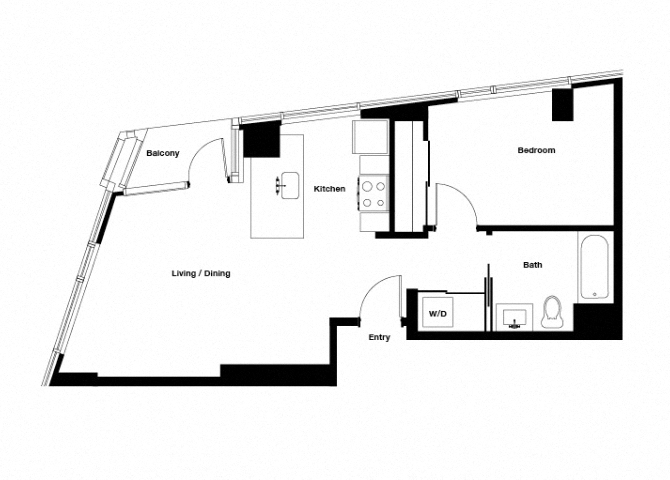 Floor plan for 1 bed, 1 bath, 650 sqft