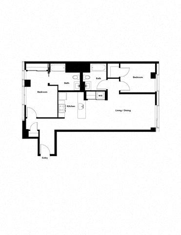 Floor plan for 2 beds, 2 baths, 1035 sqft
