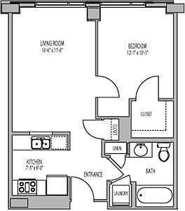 Floor plan for 1 bed, 1 bath, 580 sqft