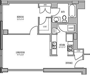 Floor plan for 1 bed, 1 bath, 692 sqft