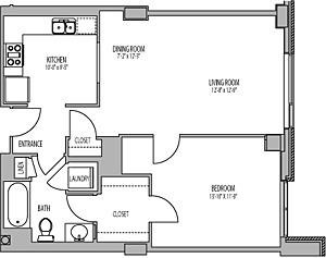 Floor plan for 1 bed, 1 bath, 760 sqft