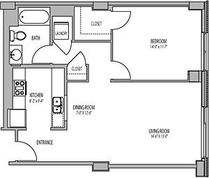 Floor plan for 1 bed, 1 bath, 768 sqft