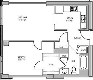 Floor plan for 1 bed, 1 bath, 774 sqft