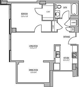Floor plan for 1 bed, 1 bath, 783 sqft