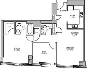 Floor plan for 1 bed, 1 bath, 922 sqft