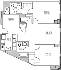 Floor plan for 2 beds, 2 baths, 1135 sqft