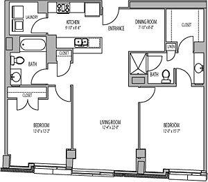 Floor plan for 2 beds, 2 baths, 1201 sqft