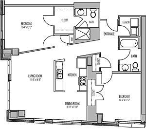 Floor plan for 2 beds, 2 baths, 1203 sqft