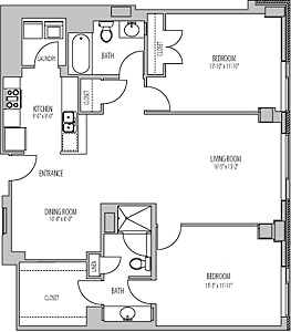 Floor plan for 2 beds, 2 baths, 1233 sqft