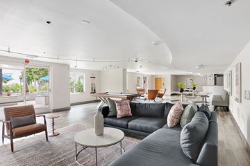 Los Angeles apartment for rent - A living room with a grey couch and a wooden chair.
