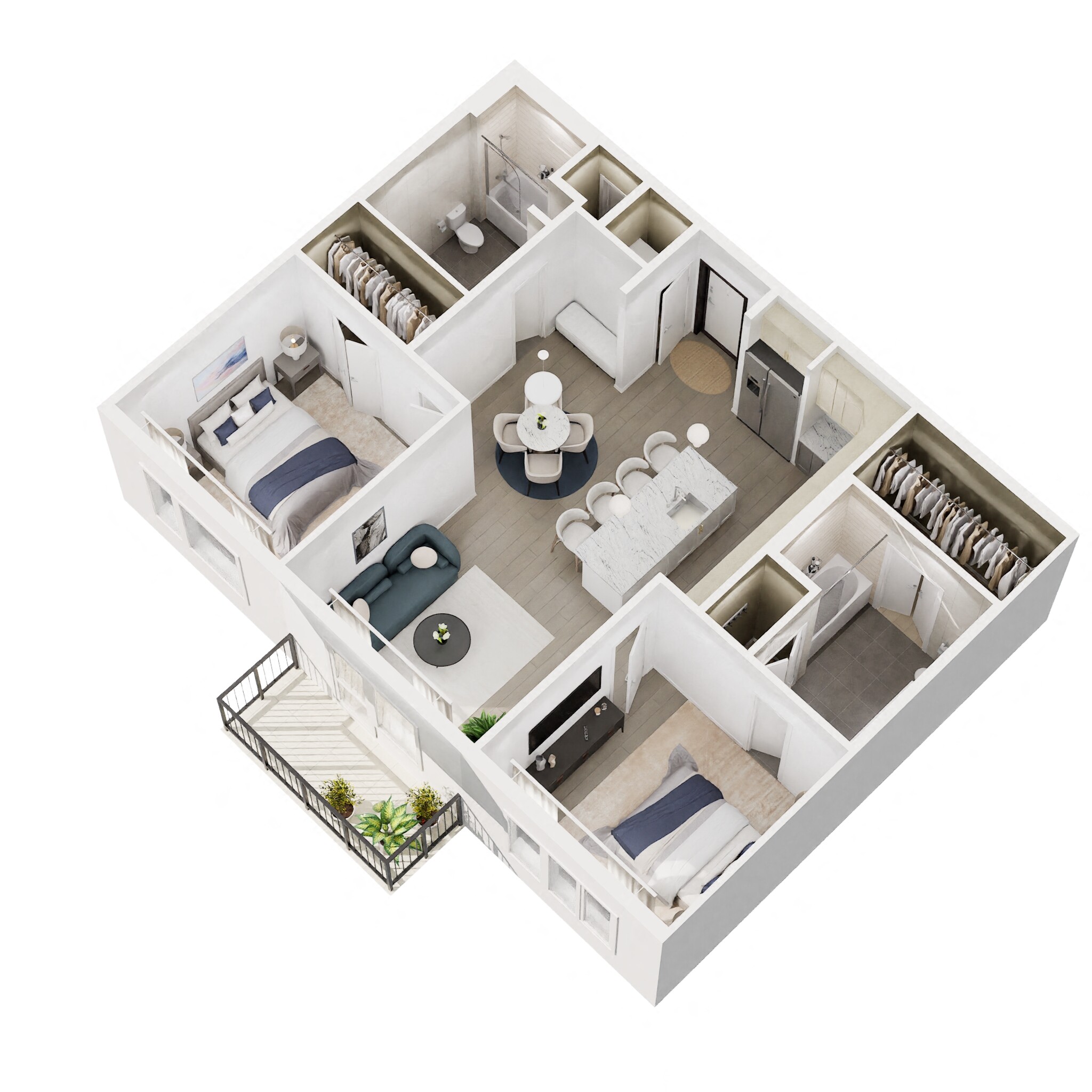 Floor plan for 2 beds, 2 baths, 1050 sqft