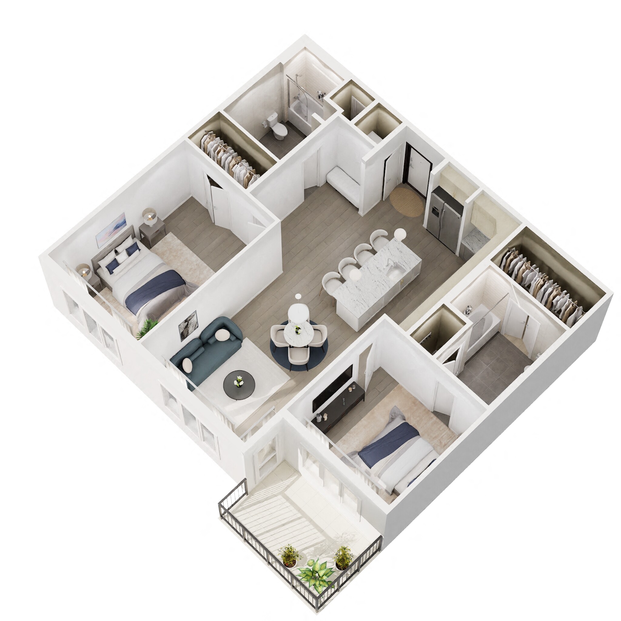 Floor plan for 2 beds, 2 baths, 1165 sqft