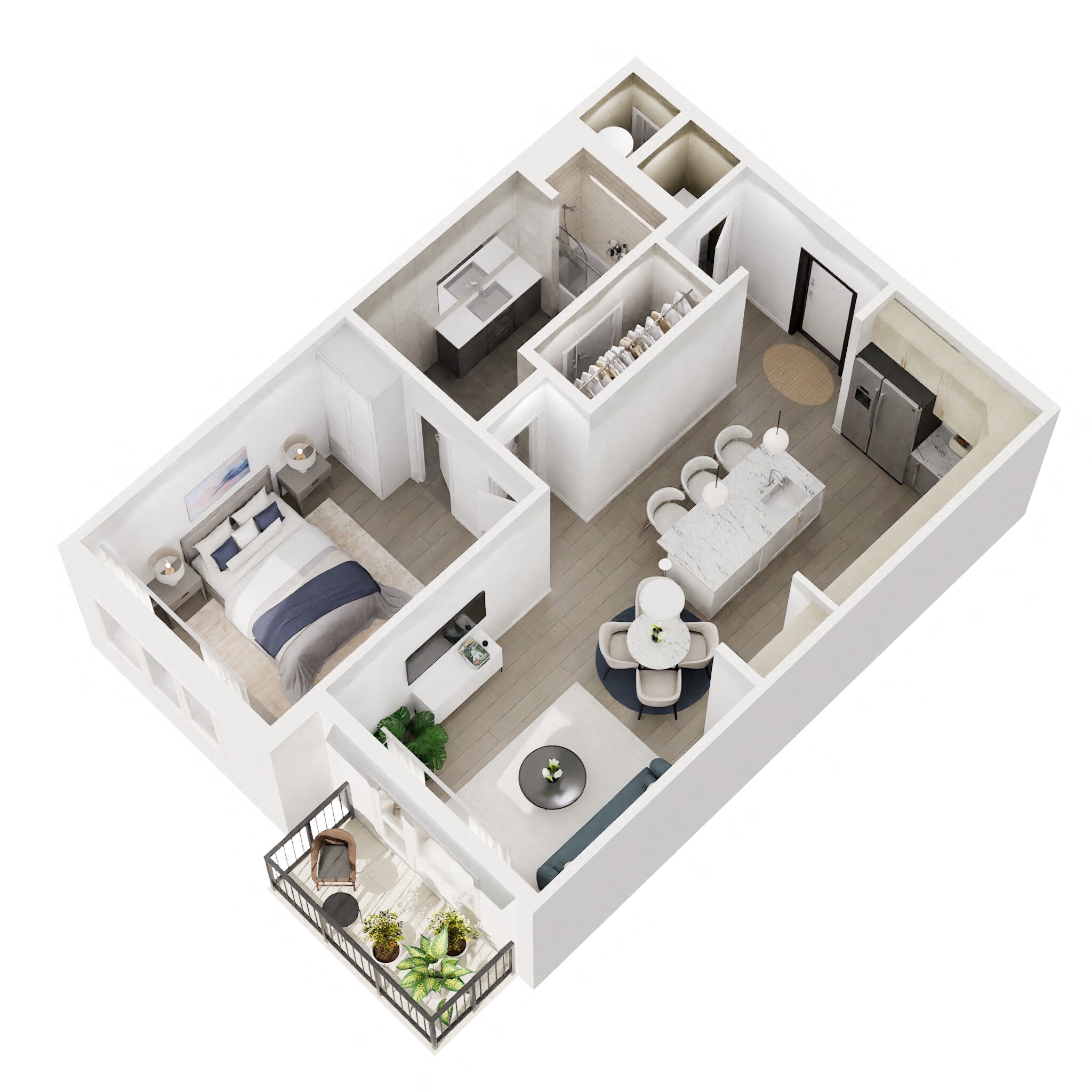 Floor plan for 1 bed, 1 bath, 769 sqft