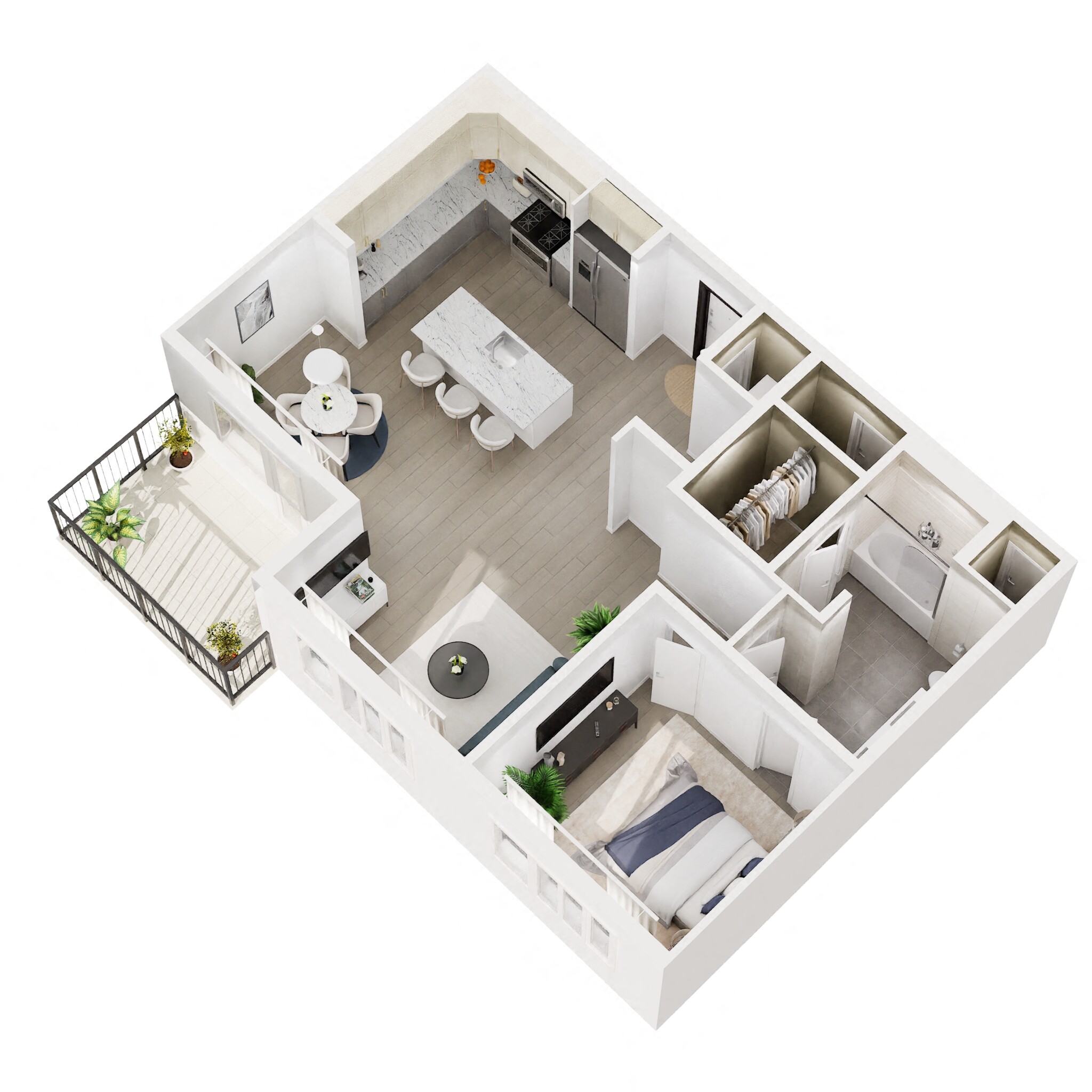 Floor plan for 1 bed, 1 bath, 834 sqft