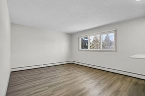 Calgary apartment for rent - A room with a window showing trees outside.