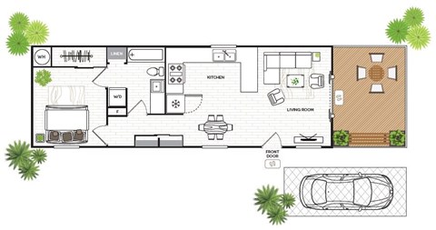 Floor plan for 1 bed, 1 bath, 607 sqft