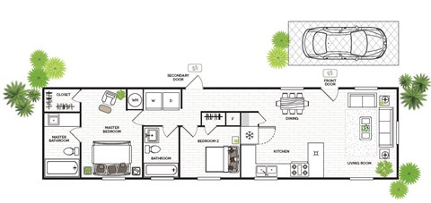 Floor plan for 2 beds, 2 baths, 910 sqft