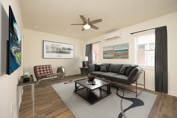 Durham apartment for rent - a living room with a couch and a ceiling fan