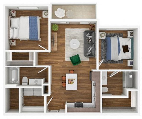 Floor plan for 2 beds, 2 baths, 986 sqft