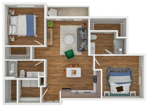 Floor plan for 2 beds, 2 baths, 1032 sqft