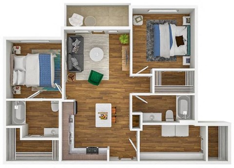 Floor plan for 2 beds, 2 baths, 1042 sqft