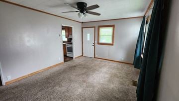 Cincinnati house for rent - a living room with carpet and a ceiling fan