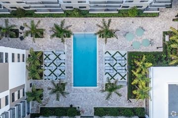 Miami apartment for rent - an aerial view of a pool area in a hotel with palm trees