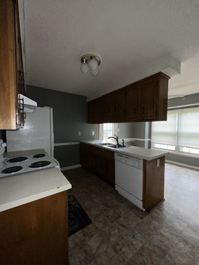 Clarksville house for rent - A kitchen with a white stove top oven and a white dishwasher.