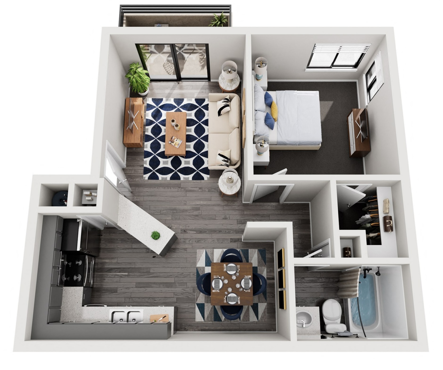 Floor plan for 1 bed, 1 bath, 704 sqft