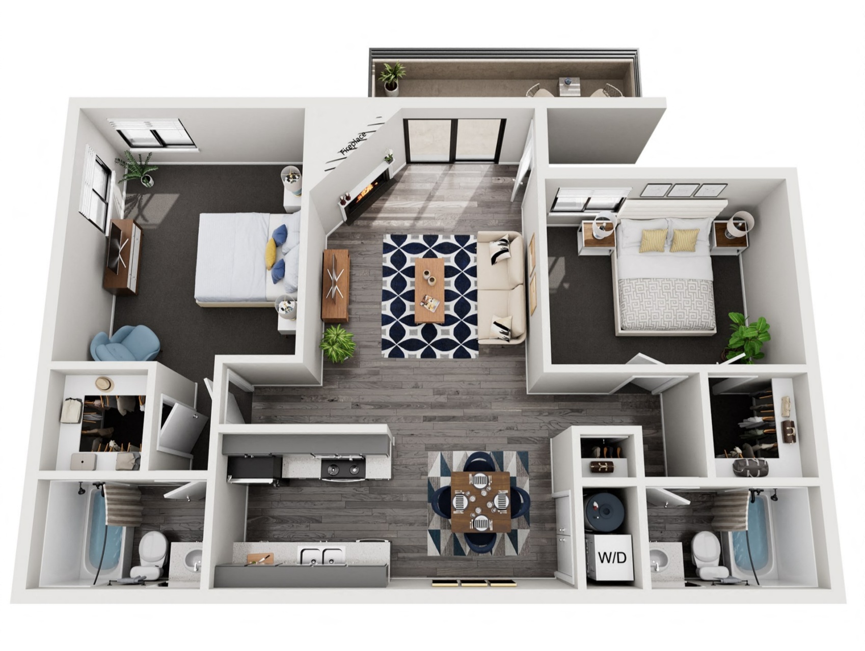 Floor plan for 2 beds, 2 baths, 994 sqft