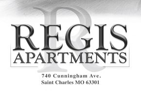 Saint Charles apartment for rent - A sign for Regis Apartments is displayed on a white background.