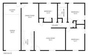 Mesquite house for rent - A floor plan of a house with a garage, living room, dining room, kitchen, and three bedrooms.