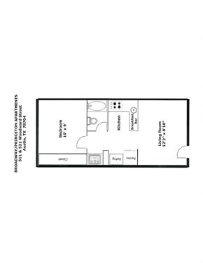 Austin apartment for rent - A floor plan of a one bedroom apartment on Broadway Prince Street.