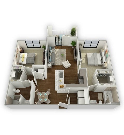Floor plan for 2 beds, 2 baths, 1047 sqft