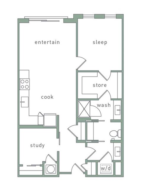 Floor plan for 1 bed, 1 bath, 886 sqft