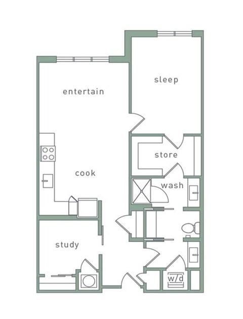 Floor plan for 1 bed, 1 bath, 924 sqft