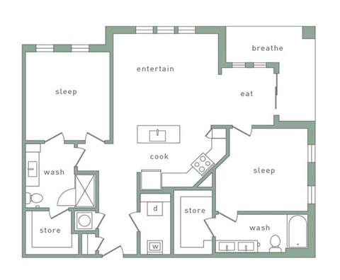Floor plan for 2 beds, 2 baths, 1218 sqft