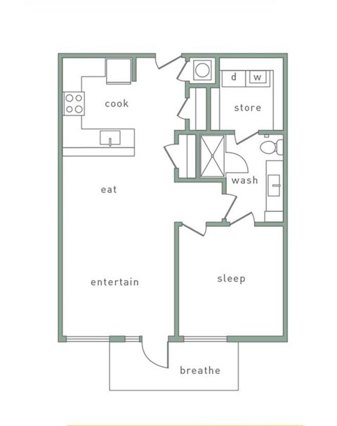 Floor plan for 1 bed, 1 bath, 844 sqft