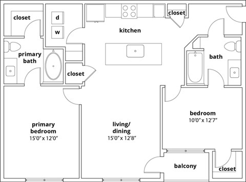 Floor plan for 2 beds, 2 baths, 1102 sqft