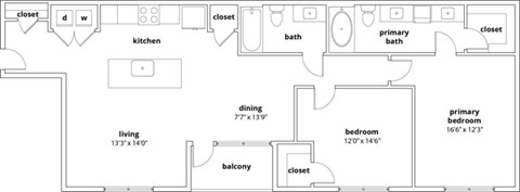 Floor plan for 2 beds, 2 baths, 1270 sqft