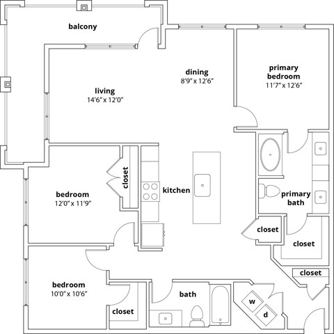 Floor plan for 3 beds, 2 baths, 1363 sqft
