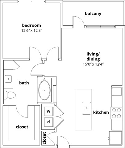 Floor plan for 1 bed, 1 bath, 811 sqft