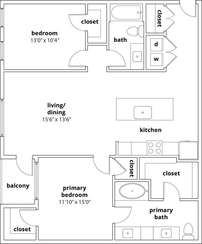 Floor plan for 2 beds, 2 baths, 1212 sqft