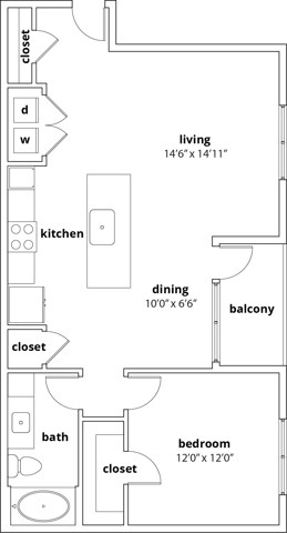 Floor plan for 1 bed, 1 bath, 863 sqft