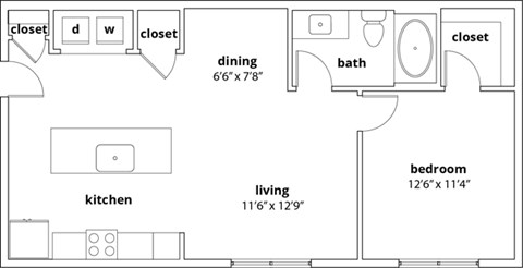 Floor plan for 1 bed, 1 bath, 751 sqft