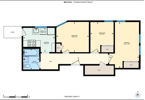 Floor plan for 3 beds, 1 bath, 627 sqft