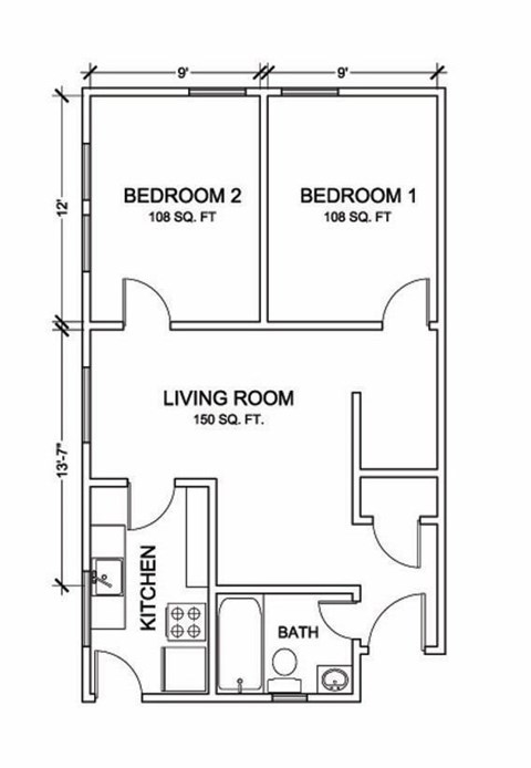 Floor plan for 2 beds, 1 bath, 621 sqft