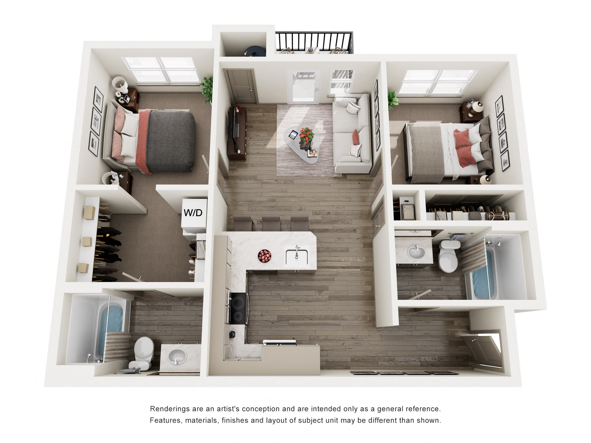 Floor plan for 2 beds, 2 baths, 807 sqft