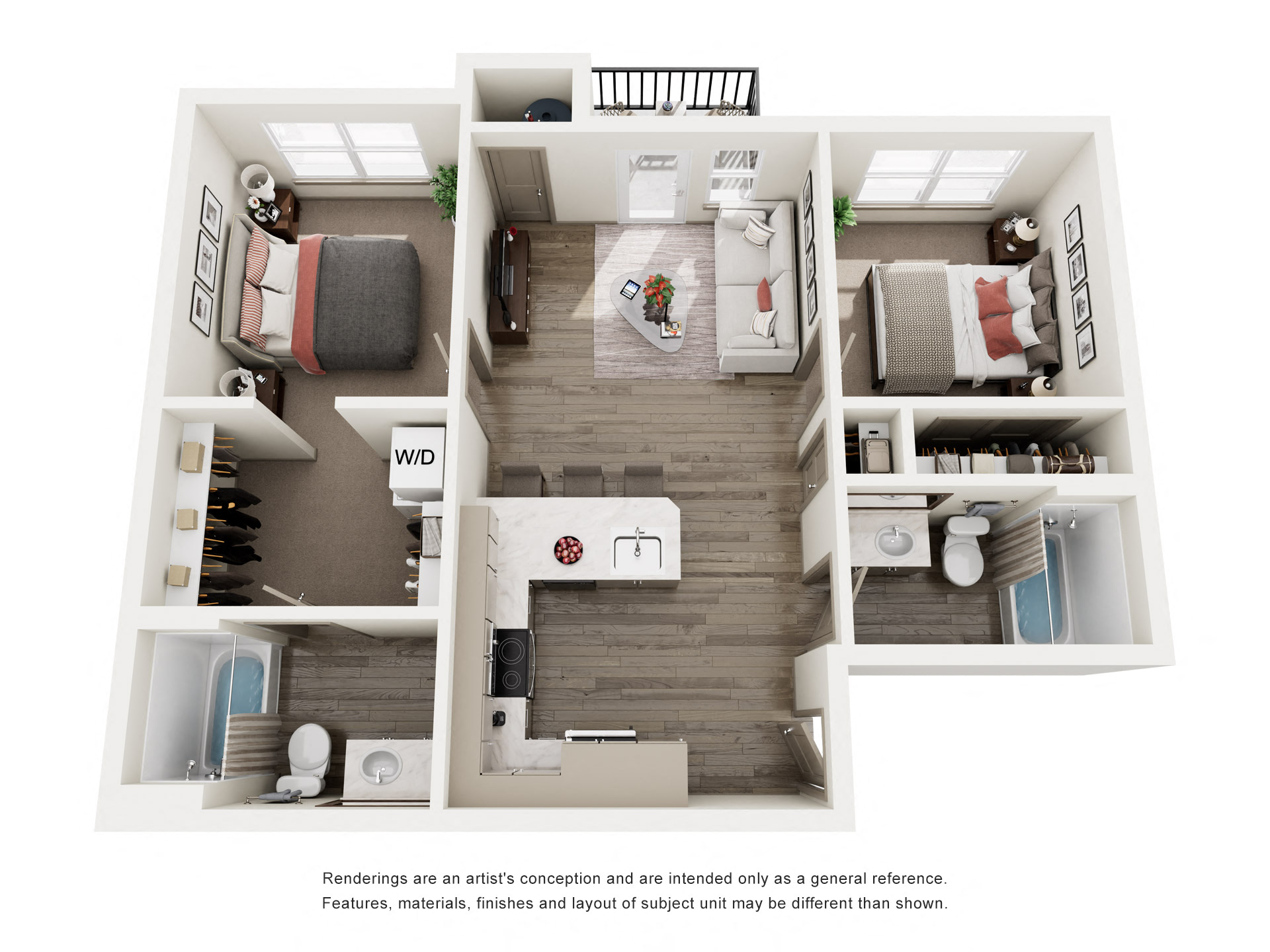 Floor plan for 2 beds, 2 baths, 777 sqft